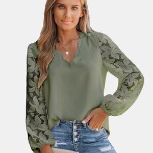 Olive Green Lace Scalloped V Neck Blouse (L)